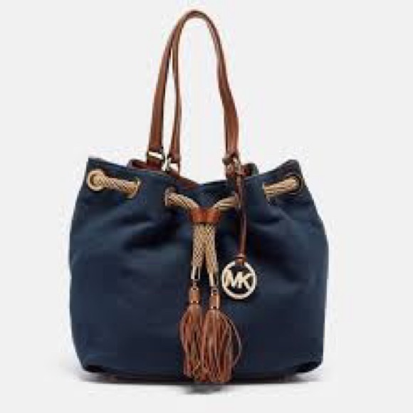 Michael Kors Navy Blue/Brown Canvas Marina Drawstring Tote - Picture 1 of 9